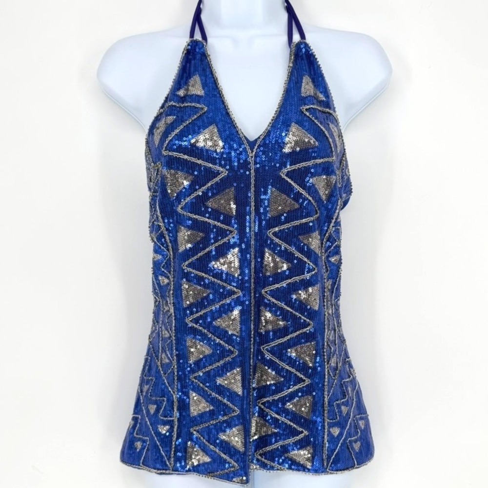 2b Bebe Royal Blue Sequin‎ Halter Top Silver Y2K Tank Euphoria Disco Mermaid NWT